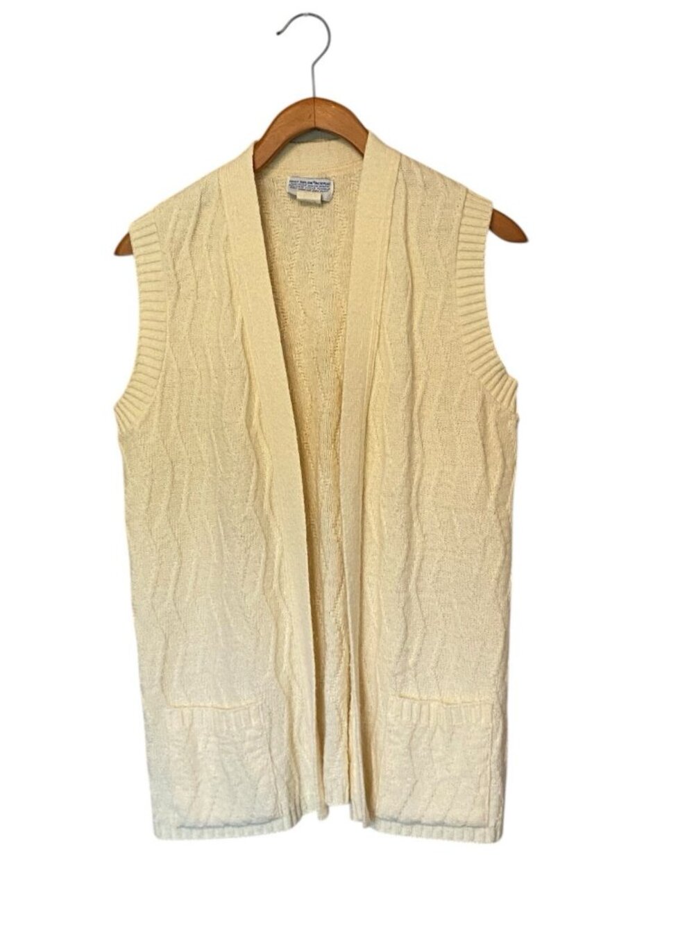 Vintage Sears Sweater Vest Women's M Cream Ivory Yellow Pockets 70s Retro